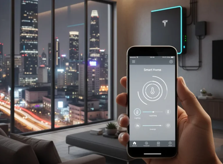 A user controlling a smart home app on a phone with a solar power setup visible, illustrating Proptech Nigeria trends and energy efficiency.