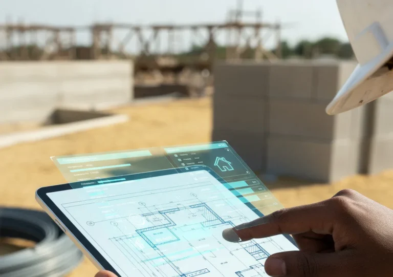 Digital project tracker overlaid on a blueprint, representing the successful management and checklist for building a home in Nigeria for diaspora investors.