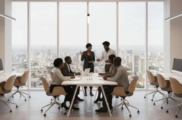 Modern, brightly lit co-working office space in a Lagos high-rise, symbolizing the Commercial Real Estate Nigeria boom in flexible office solutions.