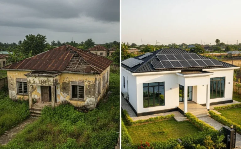 Split image showing a before and after of a successful property flipping in Lagos project, demonstrating a profitable home rehabilitation Nigeria.