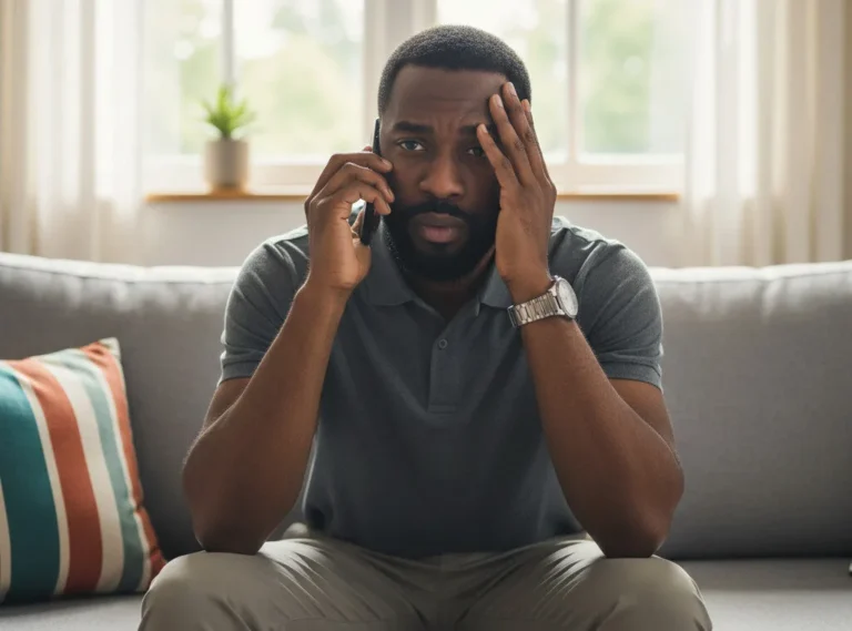 image showing the stress of renting in Lagos (frustrated tenant) contrasted with the relief of finding a modern, secure apartment